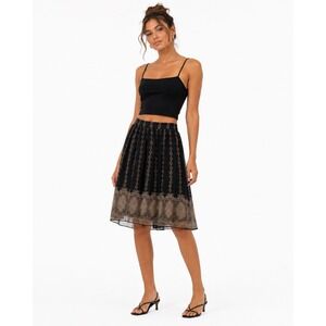 Mikarose‎ Midi Skirt Womens Medium Black Tan Geometric Lace Print Boho Skirt
